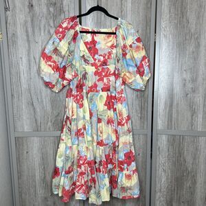 MIchel Abad Midi Dress Floral Romantic Puff Sleeves Bohemian Cotton